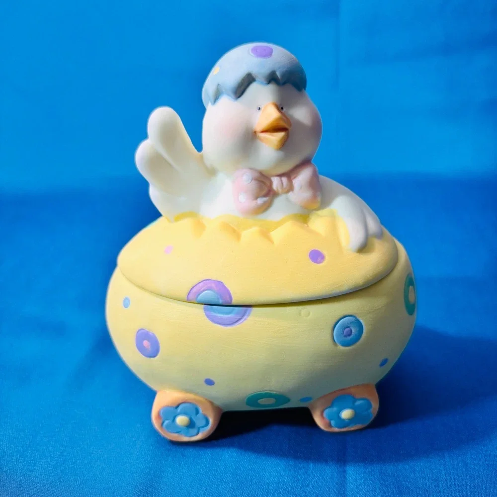 Vintage Porcelain Easter Egg Trinket Box Chick Figurine Pastel Spring Decor